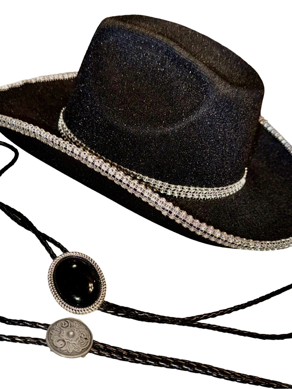 Black Rhinestone Cowboy Hat + 2 Bolo Ties Set - Picture 3 of 4